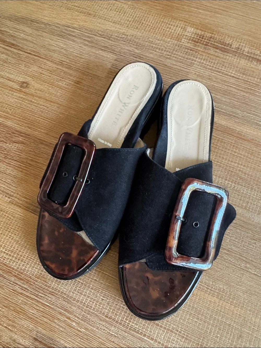 Ron White Candra Lug Slide Sandals Black Suede Tortoise Buckle EU 39 US 8.5